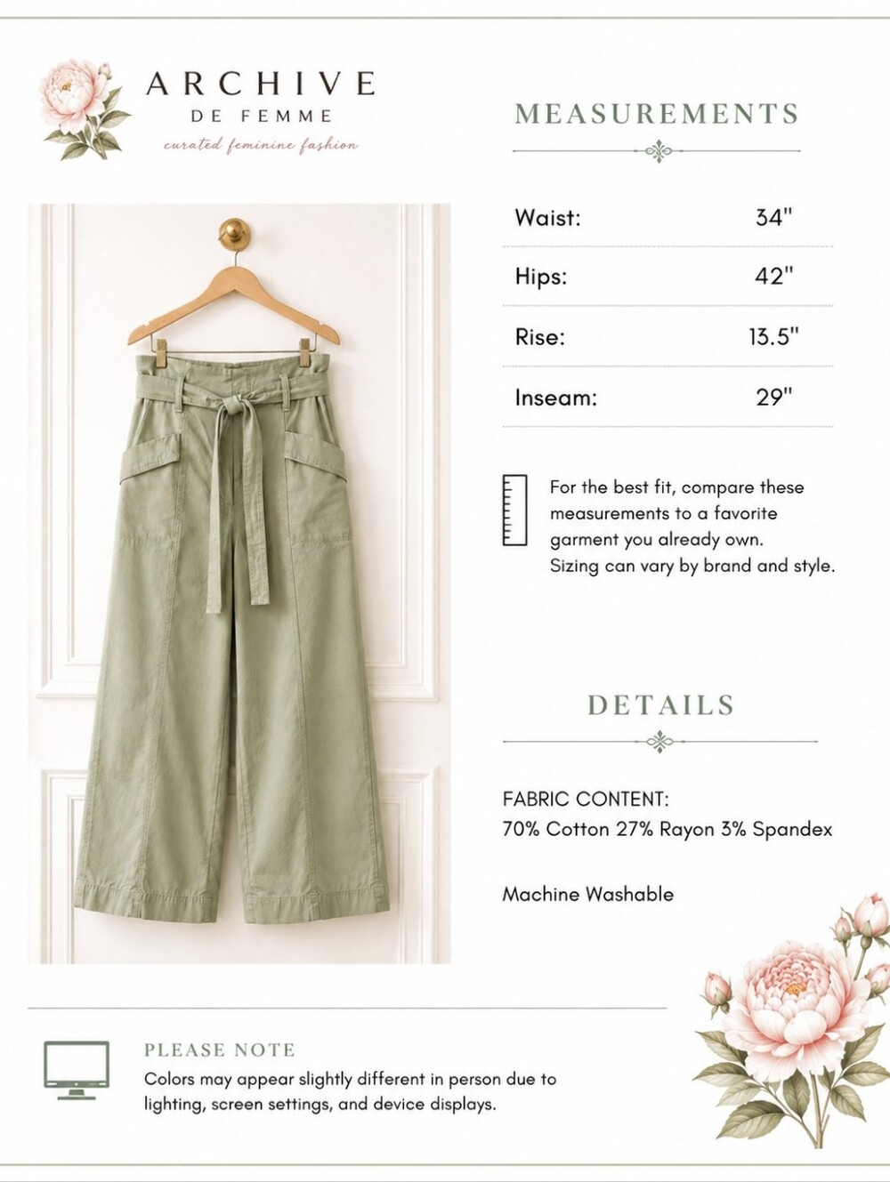 A New Day Sage Green Paperbag Wide Leg Pants | Size 12 | Belted Utility - Picture 8 of 11